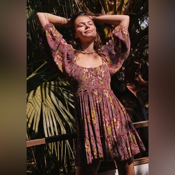 Free People Summer Picnic Printed Mini Dress Raisin - Picture 2 of 7